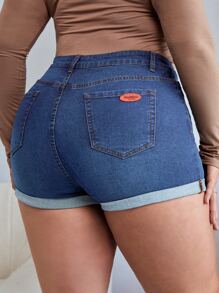 Calvaya 大碼補丁細節反摺褲腳牛仔短褲 - 深色水洗藍 - 查看 1