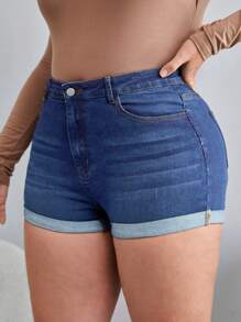 Calvaya 大碼補丁細節反摺褲腳牛仔短褲 - 深色水洗藍 - 查看 3