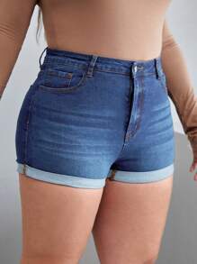 Calvaya 大碼補丁細節反摺褲腳牛仔短褲 - 深色水洗藍 - 查看 5