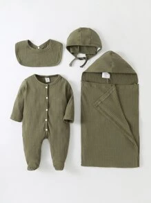 Baby Boy 4pcs Rib Knit Button Front Sleep Jumpsuit & Accessory Hat & Bib & Blanket - Army Green - View 1