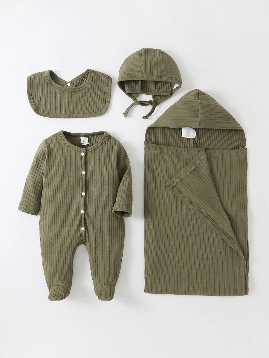 Baby Boy 4pcs Rib Knit Button Front Sleep Jumpsuit & Accessory Hat & Bib & Blanket - Army Green - View 1