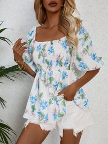 SHEIN VCAY Plants Print Square Neck Shirred Detail Ruffle Hem Blouse - White - View 1