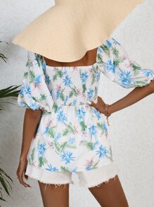 SHEIN VCAY Plants Print Square Neck Shirred Detail Ruffle Hem Blouse - White - View 2
