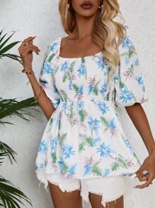 SHEIN VCAY Plants Print Square Neck Shirred Detail Ruffle Hem Blouse - White - View 4