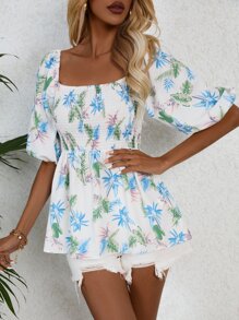 SHEIN VCAY Plants Print Square Neck Shirred Detail Ruffle Hem Blouse - White - View 5