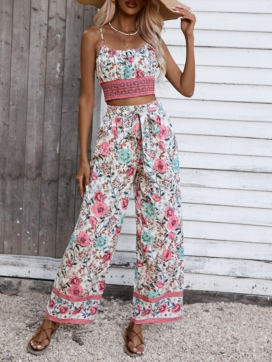 GENKIRA Allover Floral Print Cami Top & Wide Leg Trousers - Multicolor - View 1