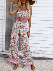 GENKIRA Allover Floral Print Cami Top & Wide Leg Trousers - Multicolor - View 3