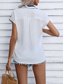 SHEIN LUNE Floral Print Batwing Sleeve Shirt - Black and White - View 2