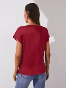 SHEIN Tall Áo sơ mi nữ màu trơn Giải trí - Màu Đỏ Sâu - Xem 2