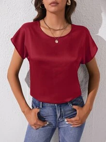 SHEIN Tall Áo sơ mi nữ màu trơn Giải trí - Màu Đỏ Sâu - Xem 3