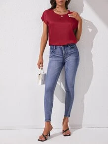 SHEIN Tall Áo sơ mi nữ màu trơn Giải trí - Màu Đỏ Sâu - Xem 5