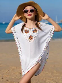 Girls Floral Crochet Trim Cover Up - White - View 1