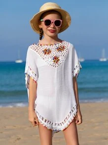 Girls Floral Crochet Trim Cover Up - White - View 3