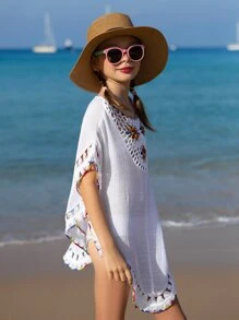 Girls Floral Crochet Trim Cover Up - White - View 4