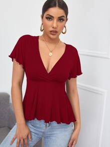 SHEIN Privé 低胸領羅紋針織荷葉邊下擺上衣 - 酒紅色 - 查看 1