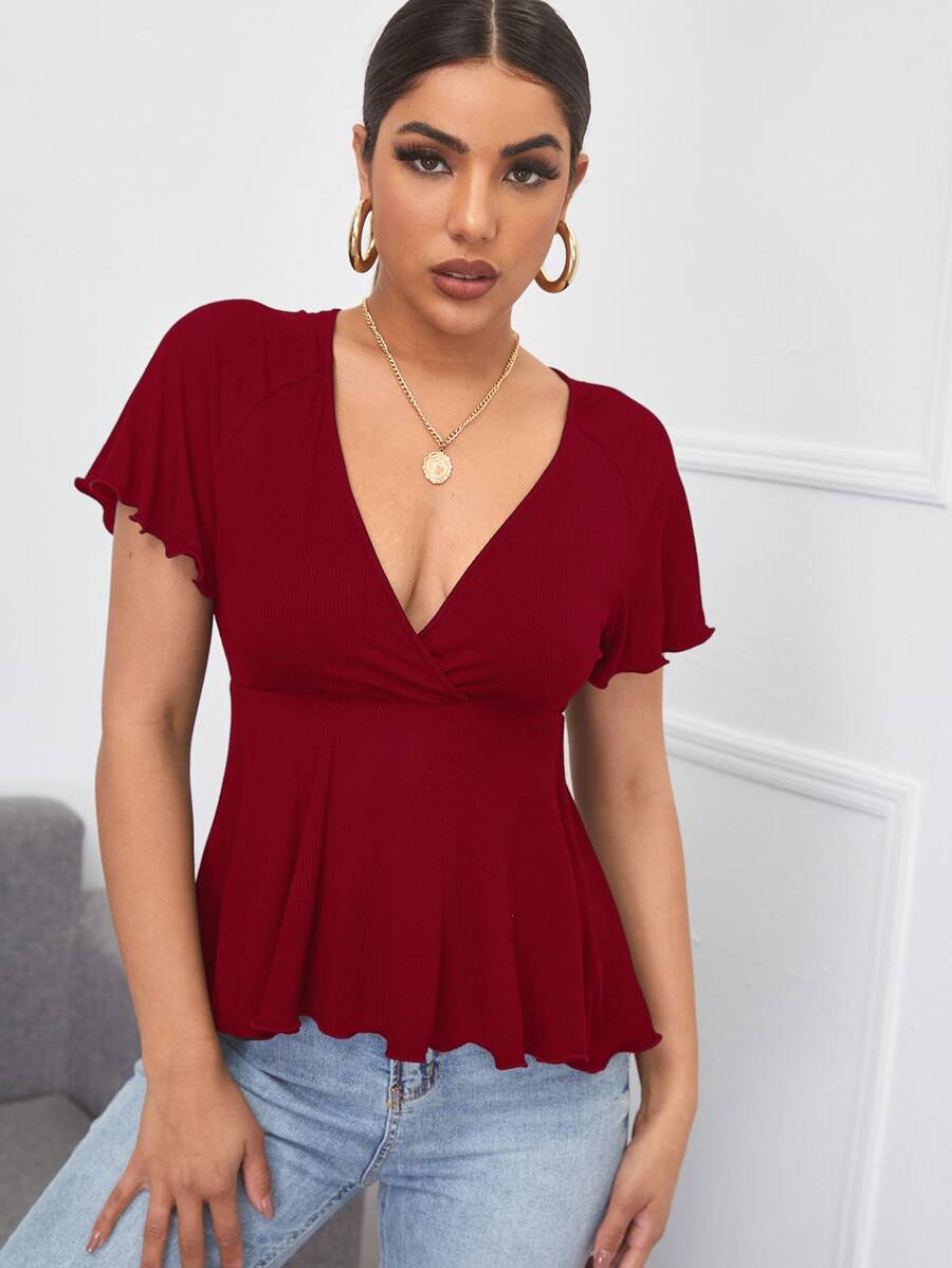 SHEIN Privé 低胸領羅紋針織荷葉邊下擺上衣 - 酒紅色 - 查看 1