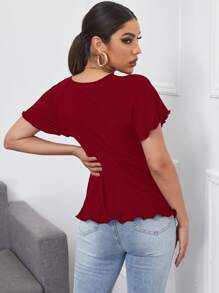 SHEIN Privé 低胸領羅紋針織荷葉邊下擺上衣 - 酒紅色 - 查看 2