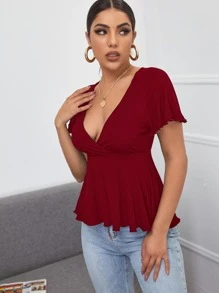SHEIN Privé 低胸領羅紋針織荷葉邊下擺上衣 - 酒紅色 - 查看 3