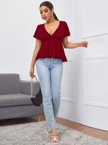 SHEIN Privé 低胸領羅紋針織荷葉邊下擺上衣 - 酒紅色 - 查看 4