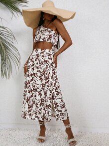 SHEIN VCAY Top crop con estampado floral & Falda bajo con fruncido - Multicolor - Ver 1