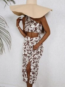 SHEIN VCAY Top crop con estampado floral & Falda bajo con fruncido - Multicolor - Ver 3