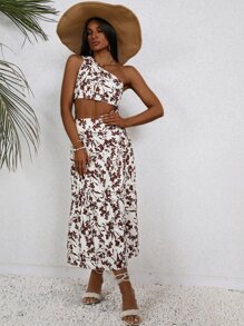 SHEIN VCAY Top crop con estampado floral & Falda bajo con fruncido - Multicolor - Ver 4