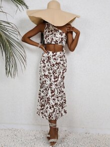 SHEIN VCAY Top crop con estampado floral & Falda bajo con fruncido - Multicolor - Ver 5