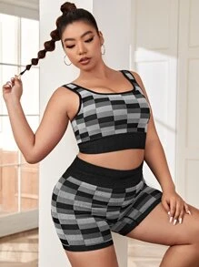 SHEIN Sport Gameset Taglie Forti Set sportivo stretching in quattro direzioni con stampa geo ampia fascia in vita