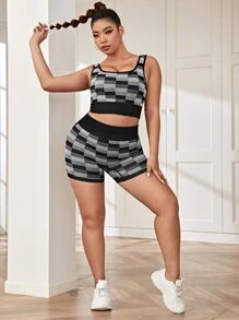 SHEIN Sport Gameset Taglie Forti Set sportivo stretching in quattro direzioni con stampa geo ampia fascia in vita