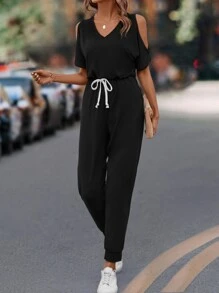 SHEIN LUNE Knot Front Slant Pocket Jumpsuit - Black - View 3