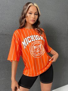 SHEIN EZwear Bloke Core字母圖案落肩T恤 - 橘色 - 查看 5