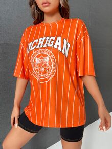 SHEIN EZwear Bloke Core字母圖案落肩T恤 - 橘色 - 查看 6