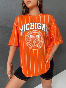 SHEIN EZwear Bloke Core字母圖案落肩T恤 - 橘色 - 查看 1