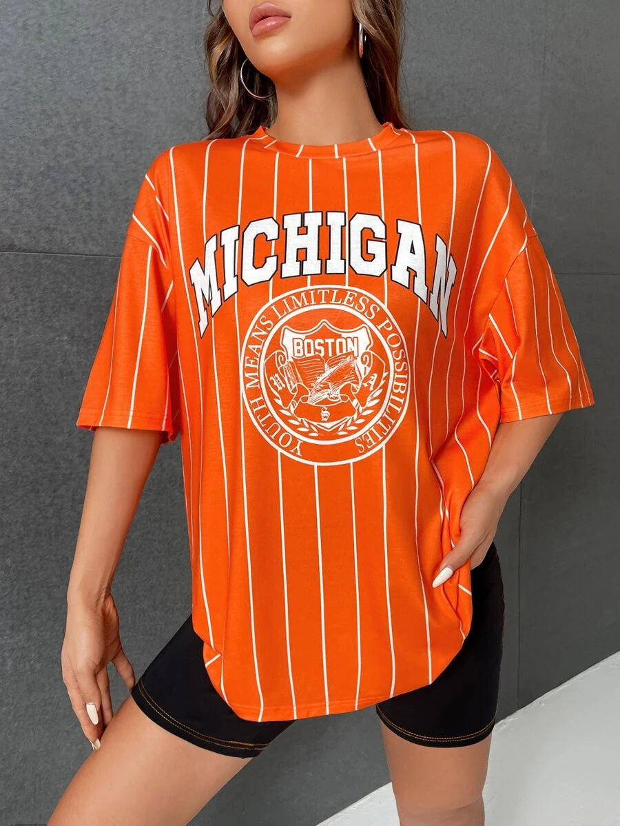 SHEIN EZwear Bloke Core字母圖案落肩T恤 - 橘色 - 查看 1