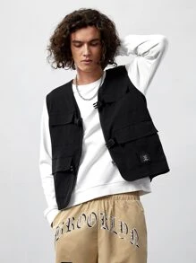 ROMWE MEN Street Life Men 1pc Letter Patched Detail Flap Pocket Vest Jacket - Black - View 1