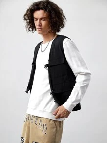 ROMWE MEN Street Life Men 1pc Letter Patched Detail Flap Pocket Vest Jacket - Black - View 5