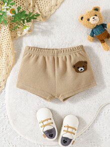 Baby Boy Bear Embroidery Waffle Knit Shorts - Khaki - View 1