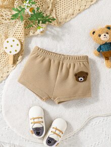 Baby Boy Bear Embroidery Waffle Knit Shorts - Khaki - View 3