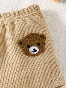 Baby Boy Bear Embroidery Waffle Knit Shorts - Khaki - View 4