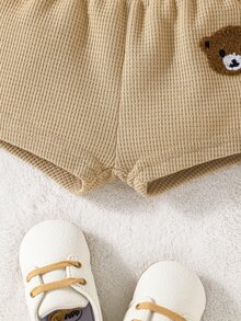 Baby Boy Bear Embroidery Waffle Knit Shorts - Khaki - View 6