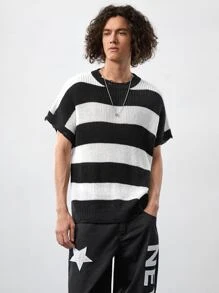 ROMWE MEN Guys Two Tone Batwing Sleeve Knit Top - Black and White - View 1