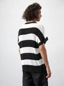 ROMWE MEN Guys Two Tone Batwing Sleeve Knit Top - Black and White - View 2