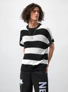 ROMWE MEN Guys Two Tone Batwing Sleeve Knit Top - Black and White - View 4