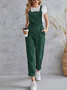 SHEIN LUNE Frill Trim Pocket Front Cord Overalls - Dark Green - View 1