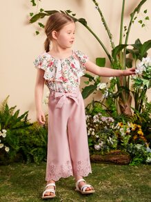 SHEIN 小女童印花荷葉邊上衣和腰帶長褲 - 彩色 - 查看 3