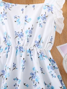 Girls Ditsy Floral Print Eyelet Embroidery Ruffle Trim Flounce Hem Dress - White - View 3