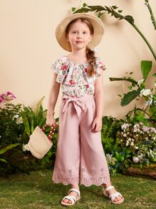 SHEIN 小女童印花荷葉邊上衣和腰帶長褲 - 彩色 - 查看 4
