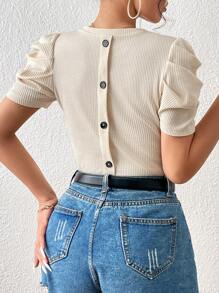 SHEIN Privé Puff Sleeve Ribbed Knit Tee - Apricot - View 2