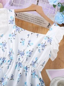 Girls Ditsy Floral Print Eyelet Embroidery Ruffle Trim Flounce Hem Dress - White - View 4
