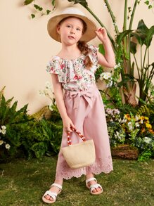 SHEIN 小女童印花荷葉邊上衣和腰帶長褲 - 彩色 - 查看 5